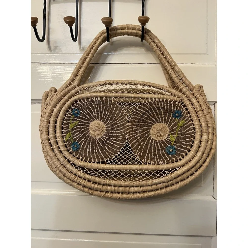 Trendy Beachy Handwoven Straw Basket Tote Purse Boho Woven Bag 10In X 11 In Lg
